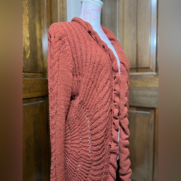 ROSIE NEIRA ANTHROPOLOGIE Rust Crochet Cotton Knit Open Longer Cardigan Duster M - Picture 6 of 14